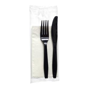 BLACK REUSABLE CUTLERY SET (FORK-KNIFE-NAPKIN) 100pcs