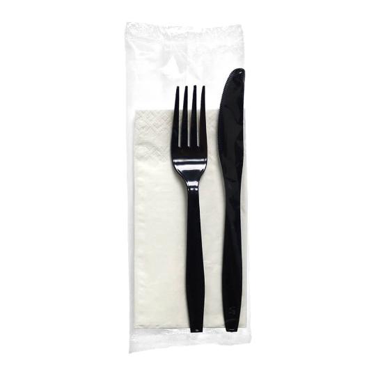 BLACK REUSABLE CUTLERY SET (FORK-KNIFE-NAPKIN) 100pcs