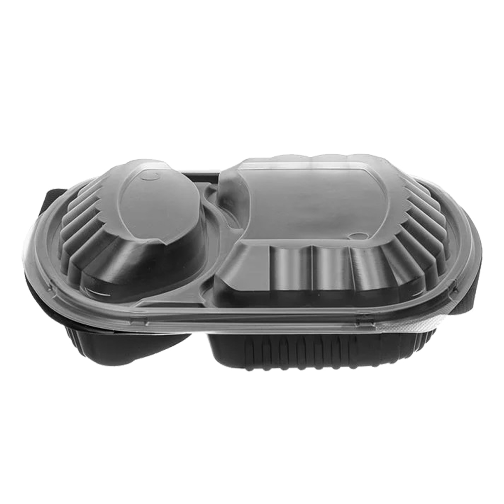 PP MICROWAVE CONTAINER BLACK 2-POSITION WITH TRANSPARENT LID 24.5x20x4.3cm (1050ml) 50pcs