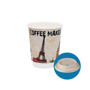 SET 450 PAPER CUPS ''GLOBAL'' (DW) 8oz + 450 SIP LID WITH OVAL HOLE BIO 80mm