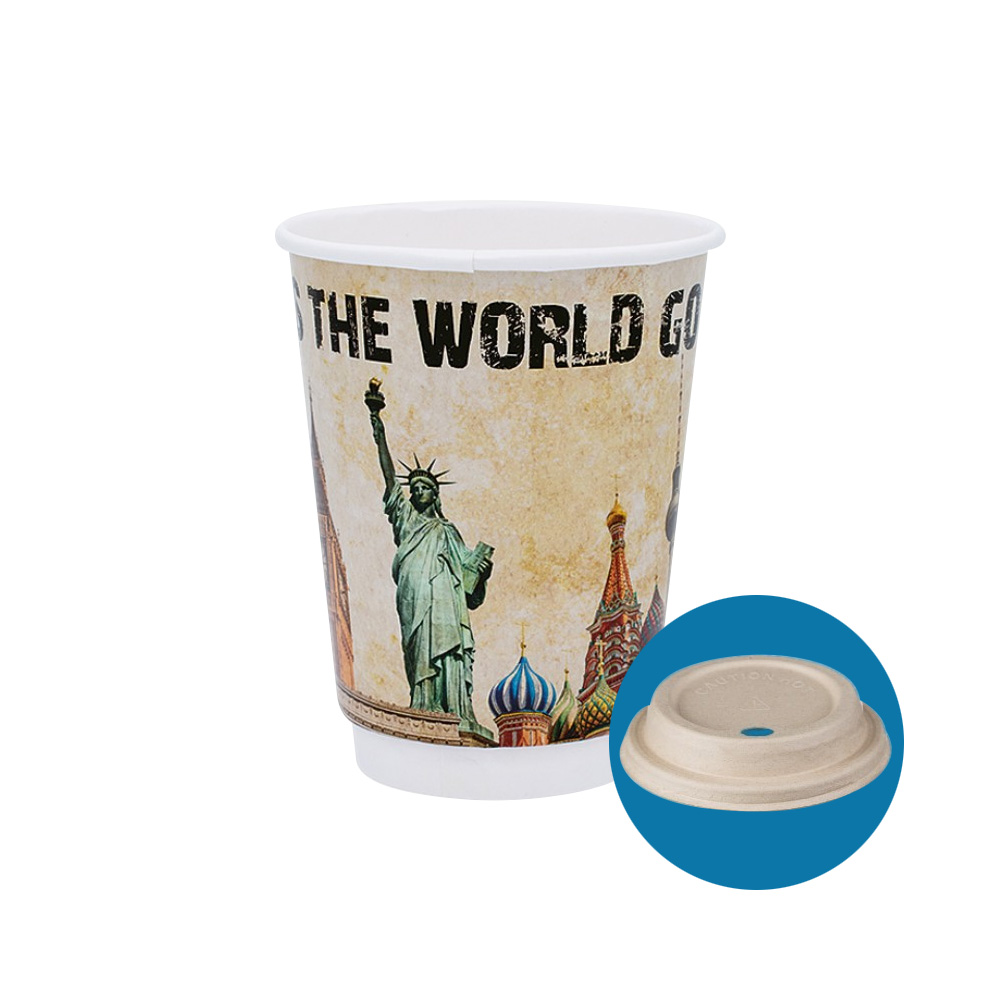 SET 500 PAPER CUPS ''GLOBAL'' (DW) 14oz + 500 SIP LID BIO WITH OVAL HOLE 90mm