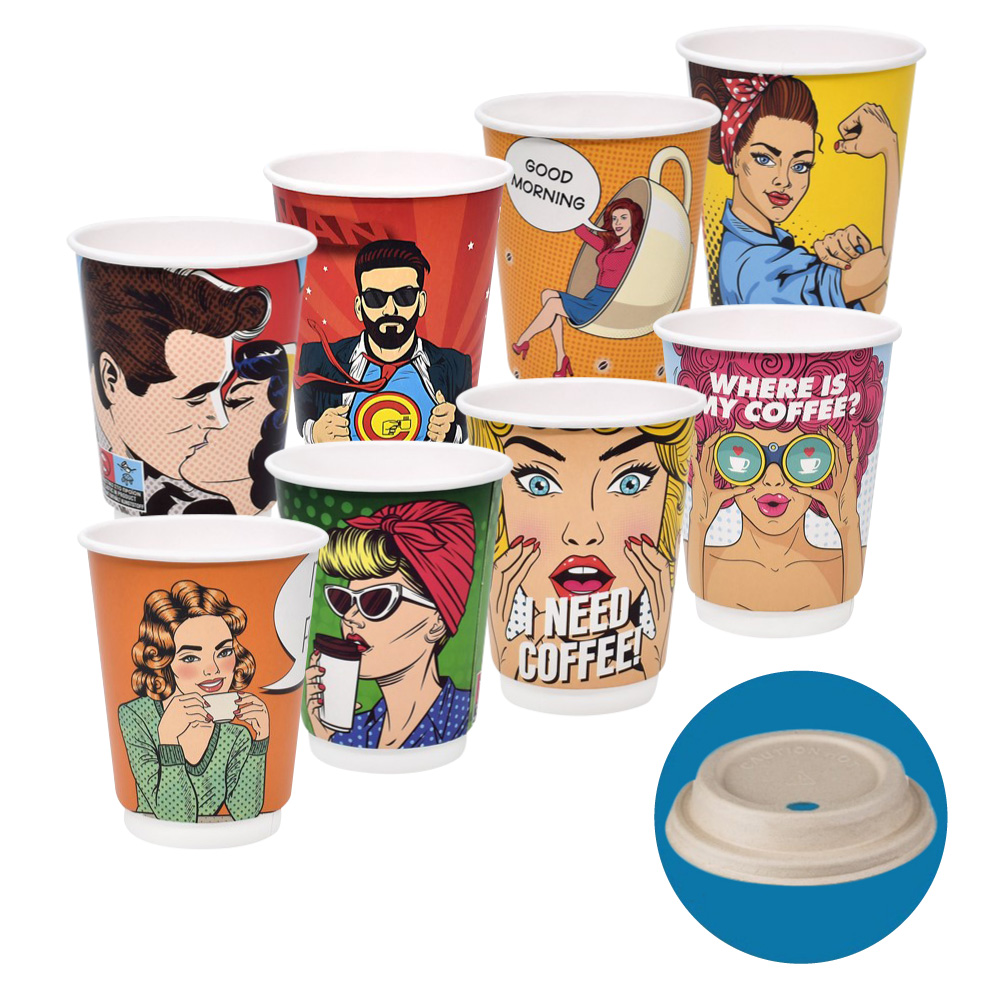 SET 500 PAPER CUPS "PIN UP" (DW) 14oz + 500 LIDS WITH OVAL HOLE BIO 90mm