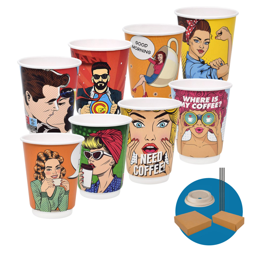 SET 500 PAPER CUPS ''PIN UP' (DW) 14oz+ 500 SIP LIDS BIO 90mm+ 500 BIO STRAWS+ 200 (2CUP)+ 100 (4CUP) TAKEAWAY CARRY TRAYS