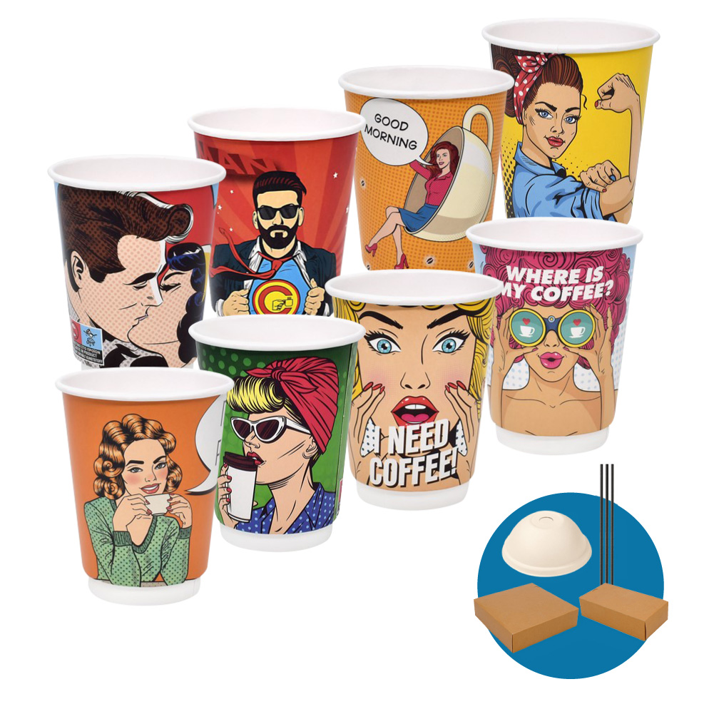 SET 500 PAPER CUPS ''PIN UP' (DW) 14oz+ 500 DOME LIDS BIO 90mm+ 500 BIO STRAWS+ 200 (2CUP)+ 100 (4CUP) TAKEAWAY CARRY TRAYS