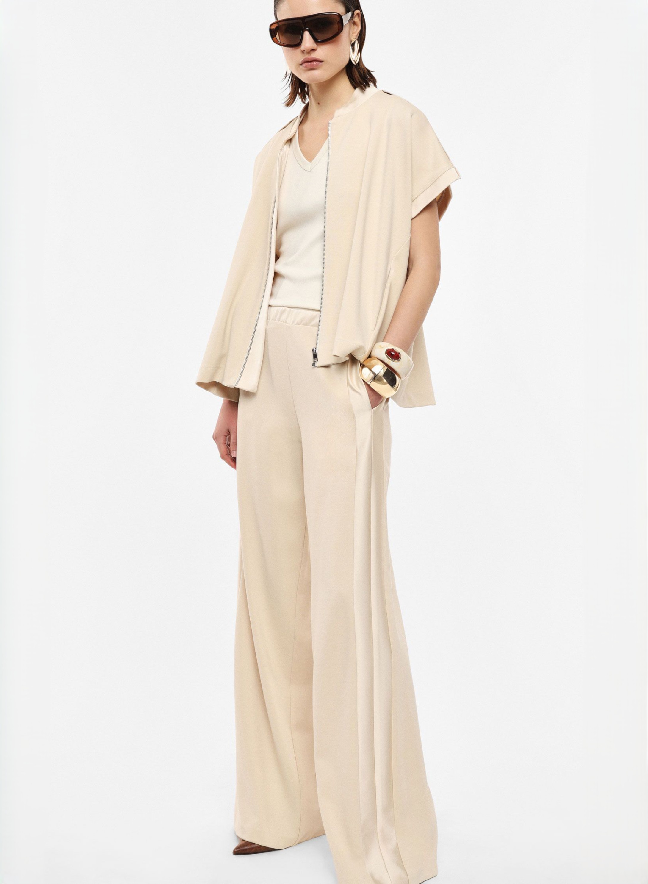 Beige wide legs Trousers with satin details and with elasticated waistband Imperial - 0