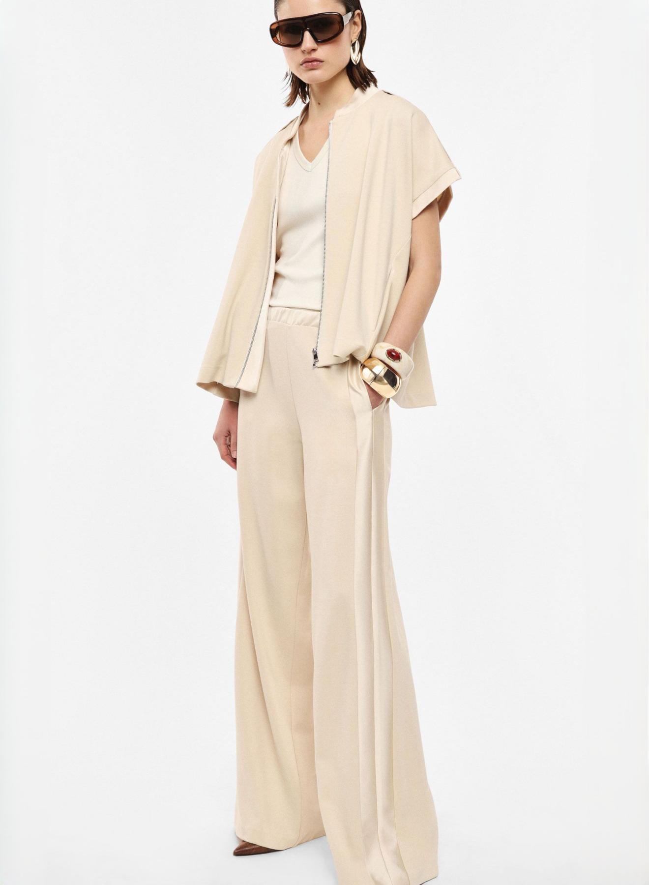 Beige wide legs Trousers with satin details and with elasticated waistband Imperial - 1