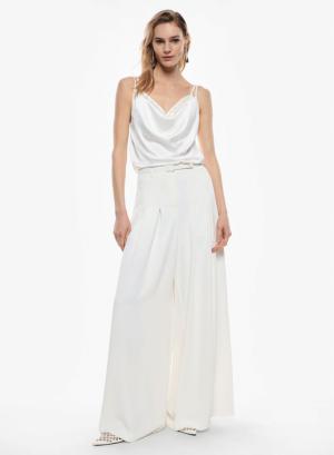 Λευκό Παντελόνι wide legs με ζώνη και πιέτες Imperial - 46611