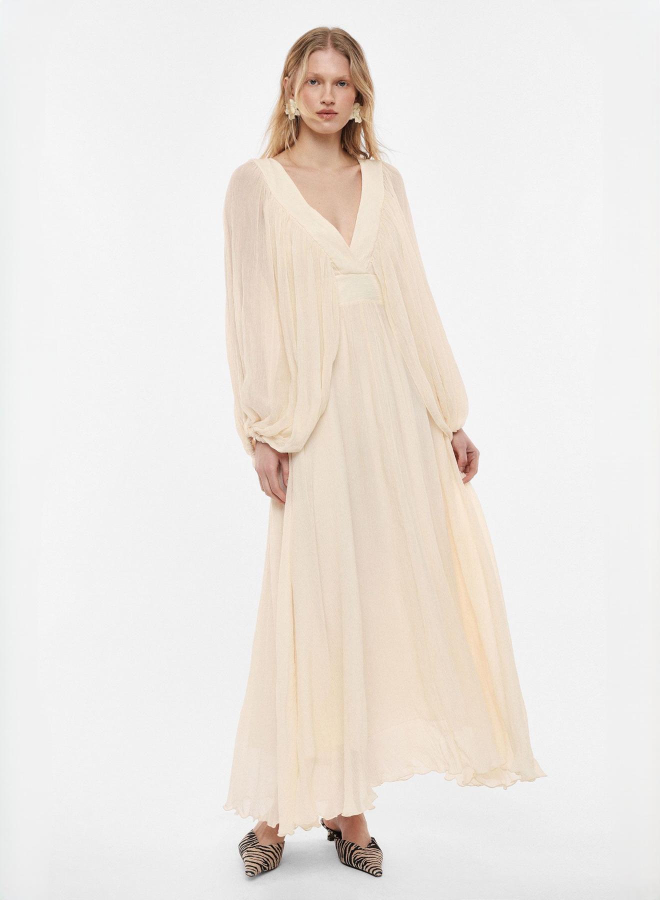 Μπεζ μακρύ φόρεμα με V λαιμόκοψη και με φαρδιά μανίκια Imperial - 1