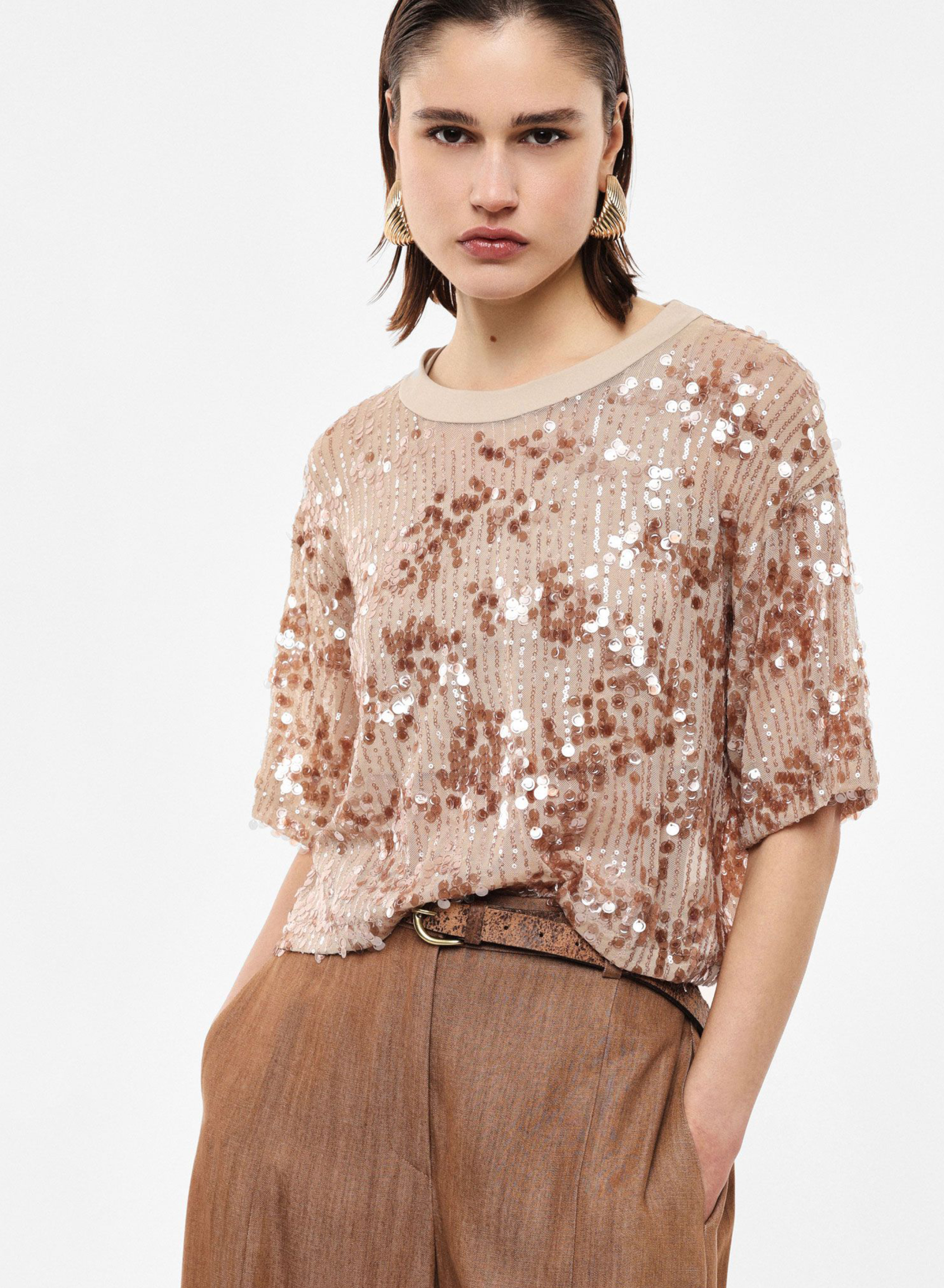 Beige Blouse with short sleeves and with sequin embellishment Imperial - 0