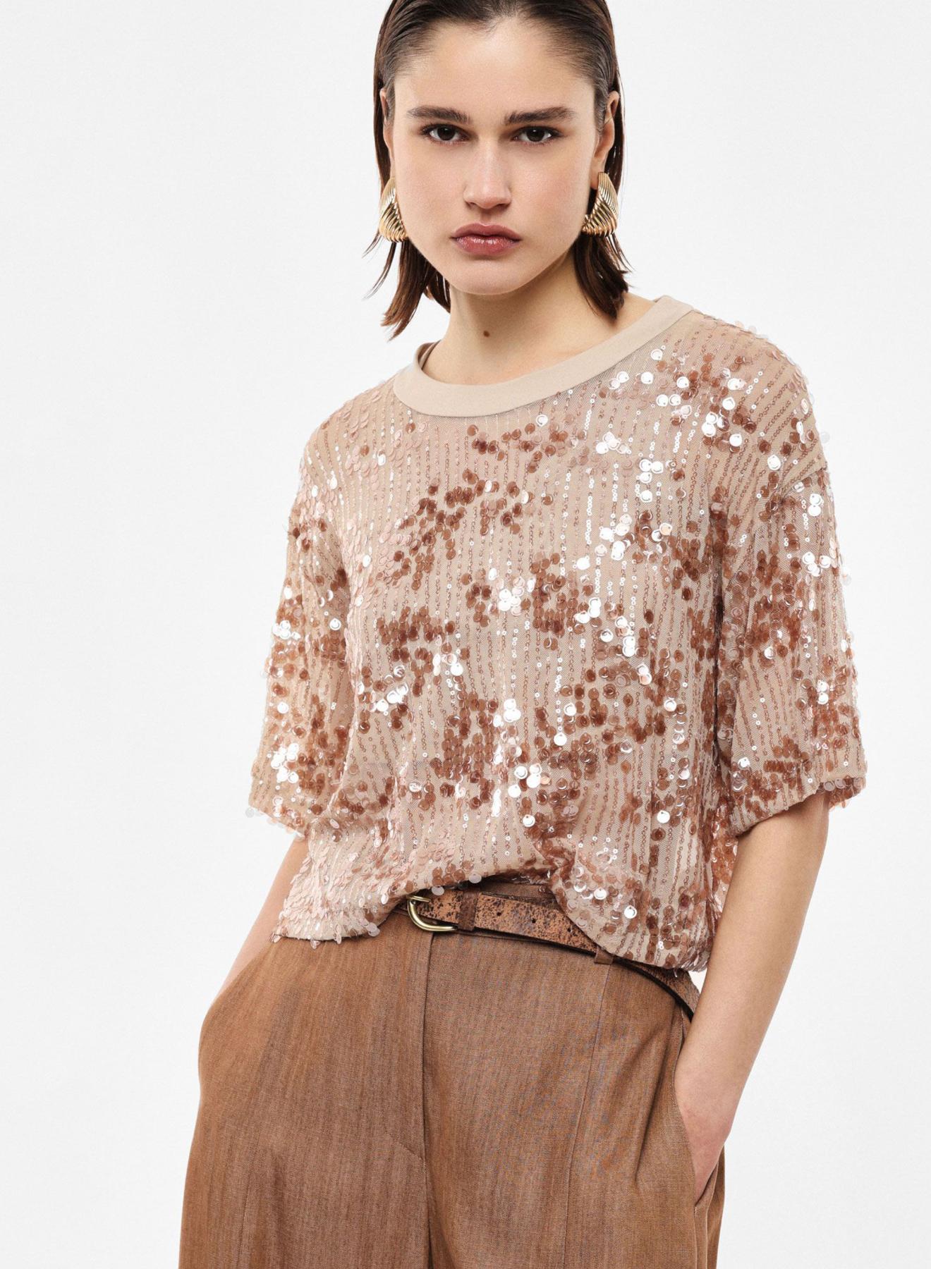 Beige Blouse with short sleeves and with sequin embellishment Imperial - 1