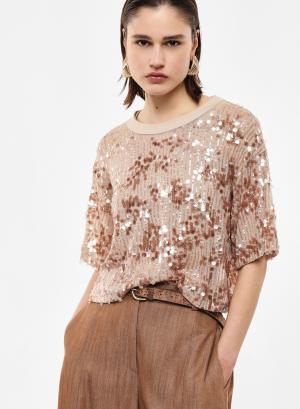 Beige Blouse with short sleeves and with sequin embellishment Imperial - 59497