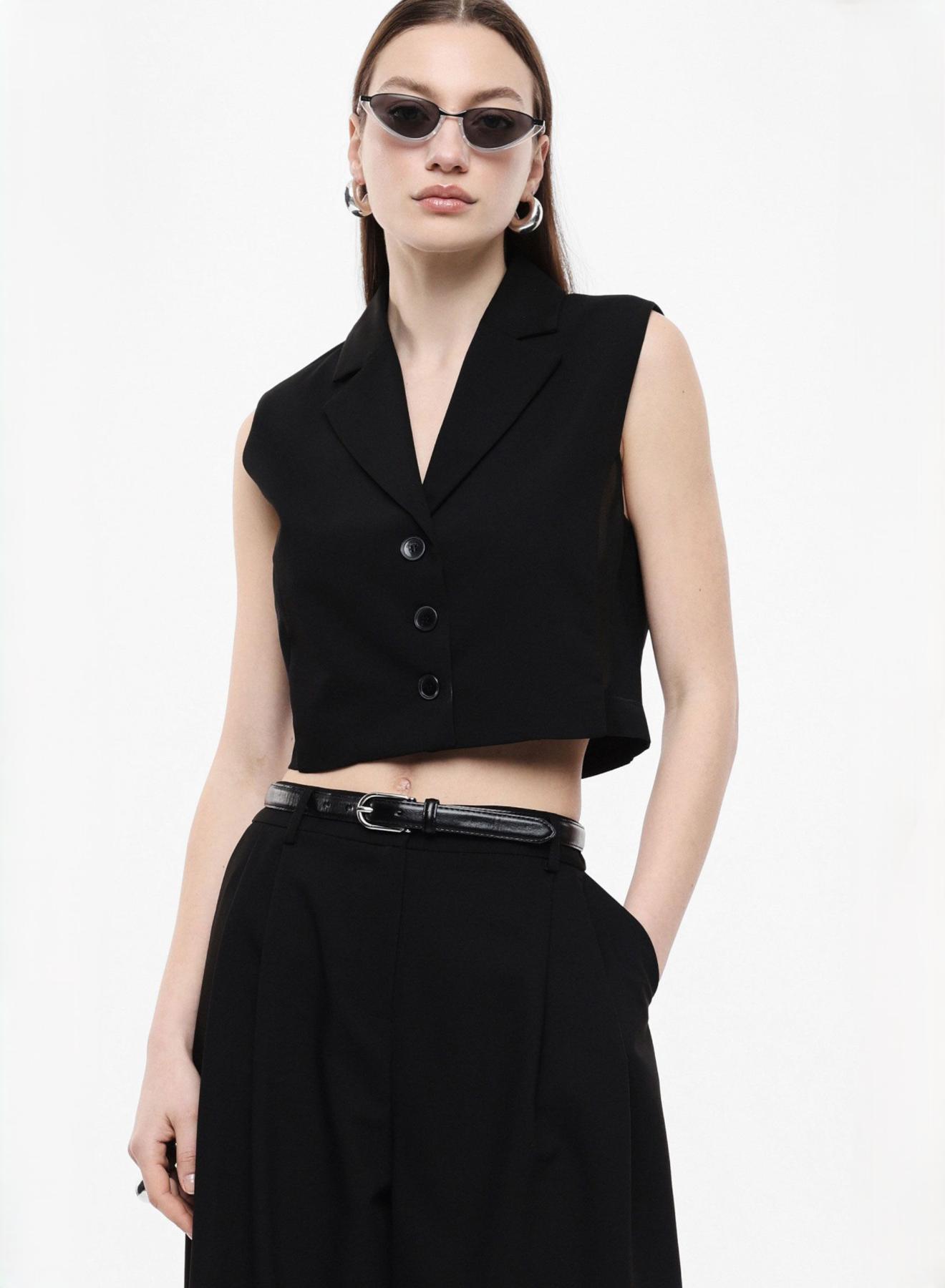 Black cropped Vest with mesh sides and front buttoning Imperial - 1
