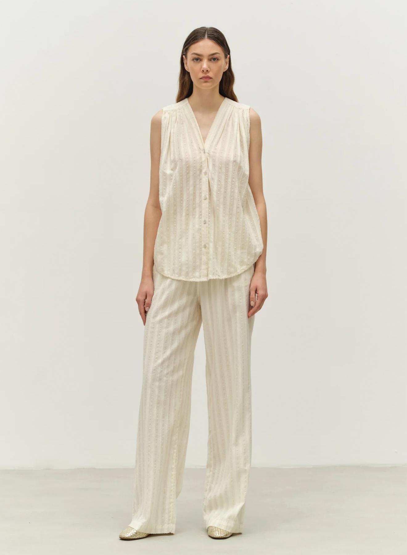 Ecru sleeveless lourex Blouse with V neckline and with buttons "IRIS" Devotion Twins - 2