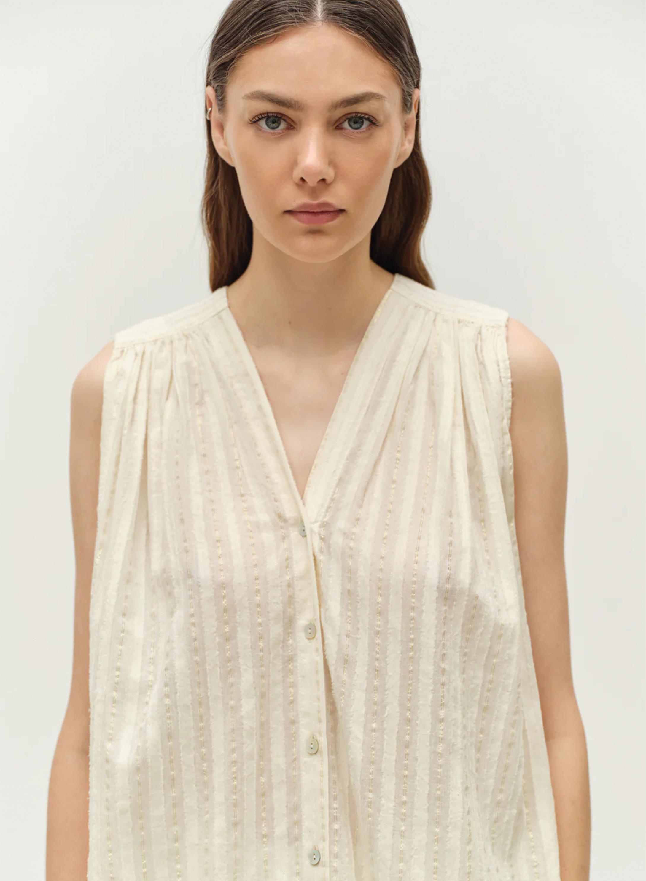 Ecru sleeveless lourex Blouse with V neckline and with buttons "IRIS" Devotion Twins - 0