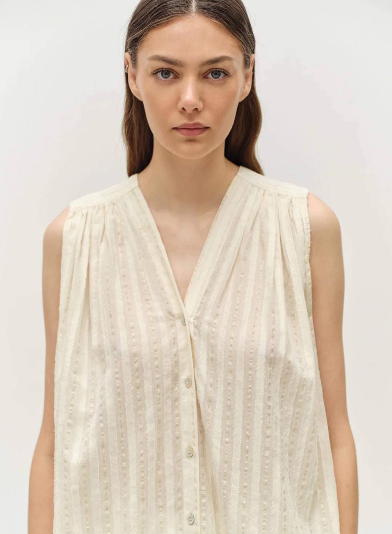 Ecru sleeveless lourex Blouse with V neckline and with buttons "IRIS" Devotion Twins - 1