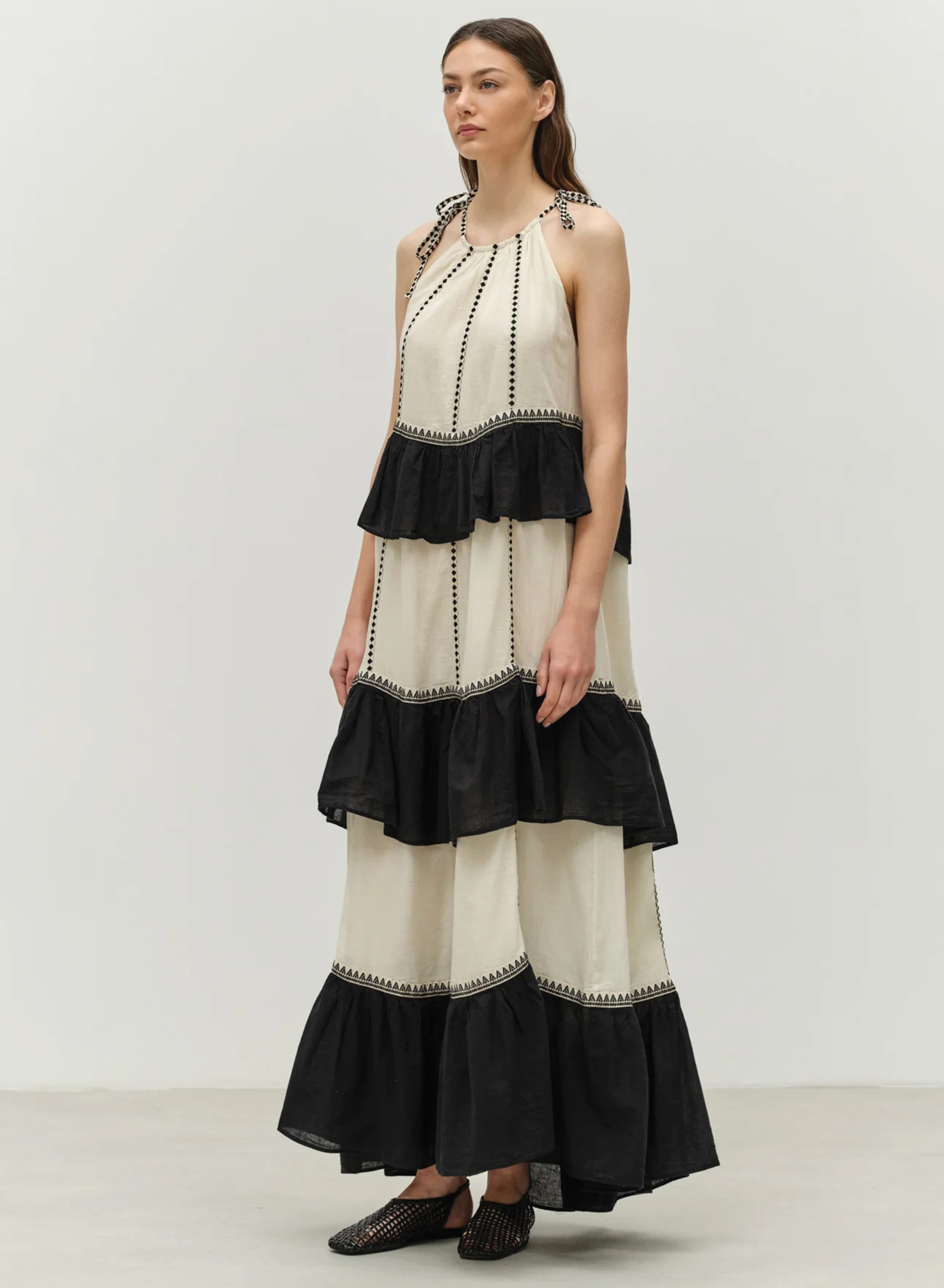 Μαύρο-Off white μακρύ Φόρεμα γάζα με βολάν και με τιράντες "KLEIO" Devotion Twins - 0