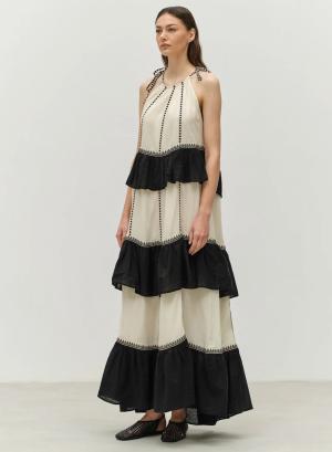 Μαύρο-Off white μακρύ Φόρεμα γάζα με βολάν και με τιράντες "KLEIO" Devotion Twins - 46874