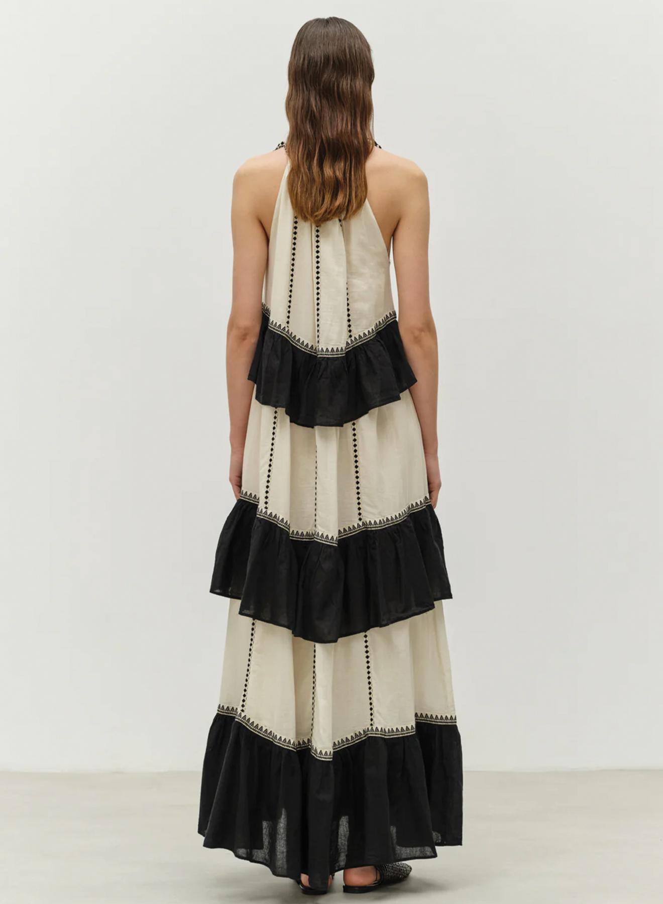 Μαύρο-Off white μακρύ Φόρεμα γάζα με βολάν και με τιράντες "KLEIO" Devotion Twins - 2