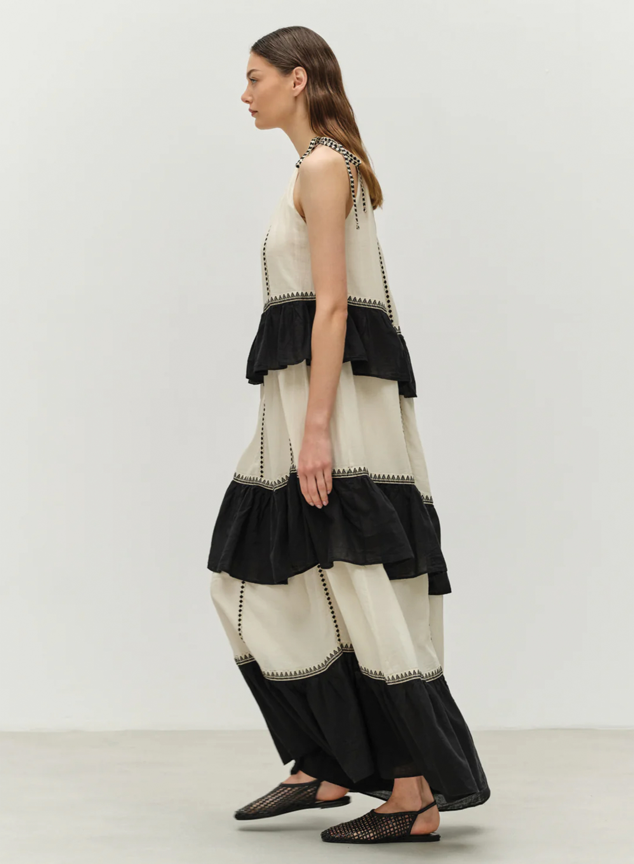 Μαύρο-Off white μακρύ Φόρεμα γάζα με βολάν και με τιράντες "KLEIO" Devotion Twins - 2