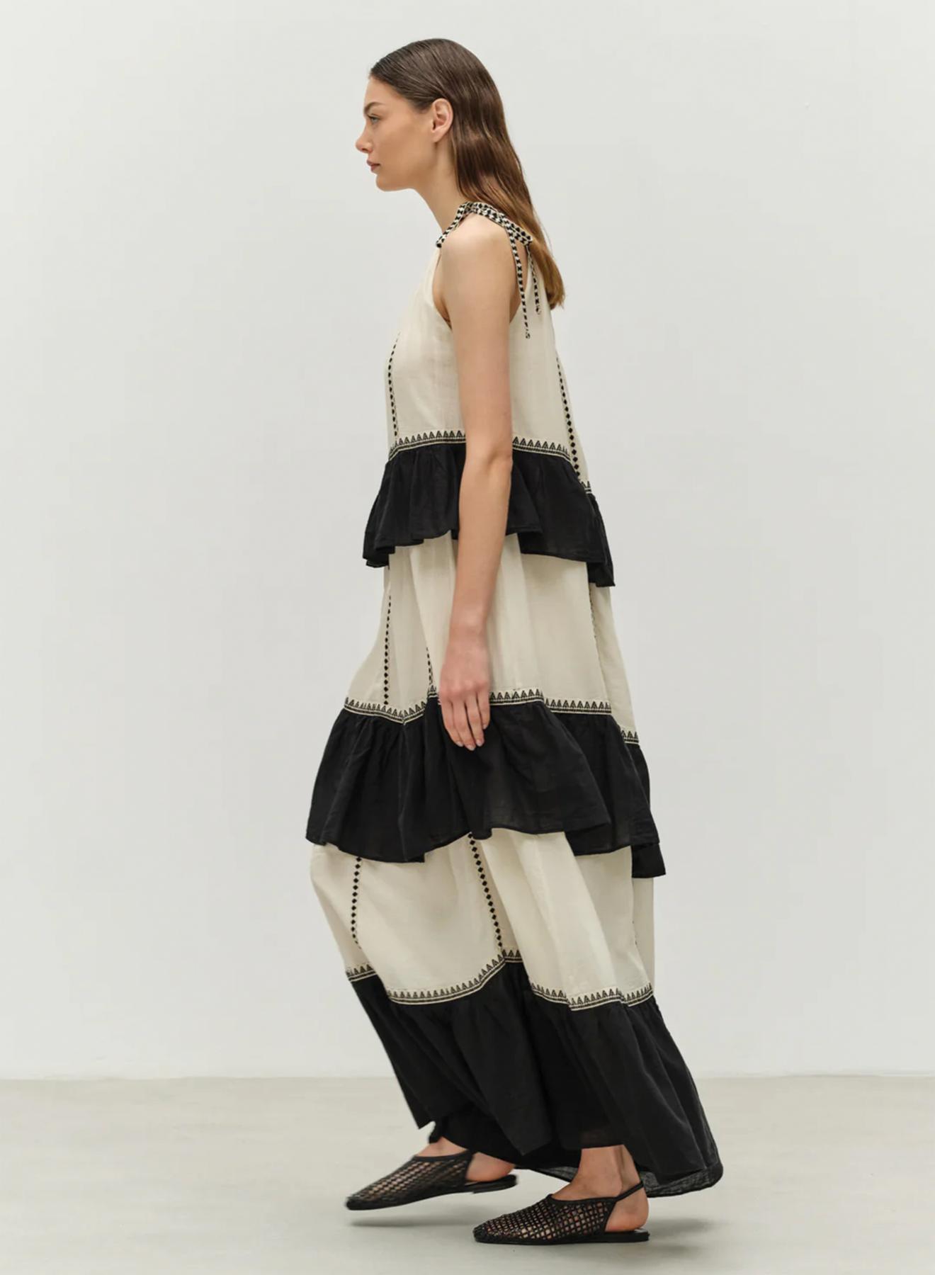 Μαύρο-Off white μακρύ Φόρεμα γάζα με βολάν και με τιράντες "KLEIO" Devotion Twins - 3