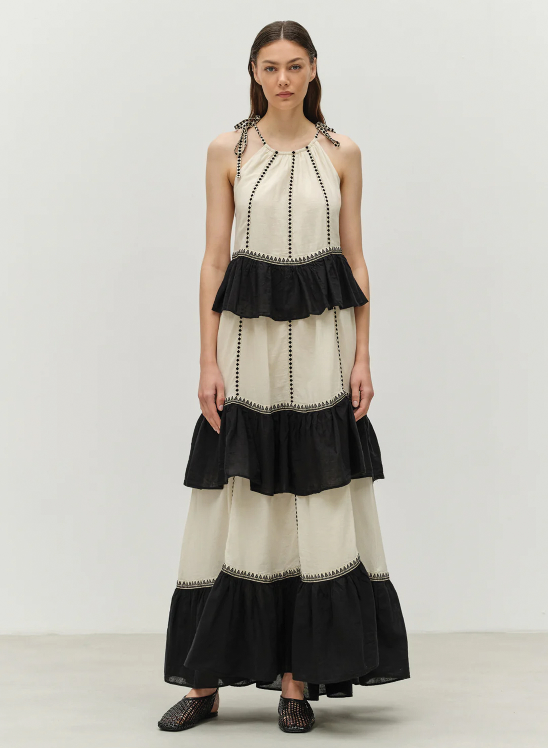 Μαύρο-Off white μακρύ Φόρεμα γάζα με βολάν και με τιράντες "KLEIO" Devotion Twins - 5