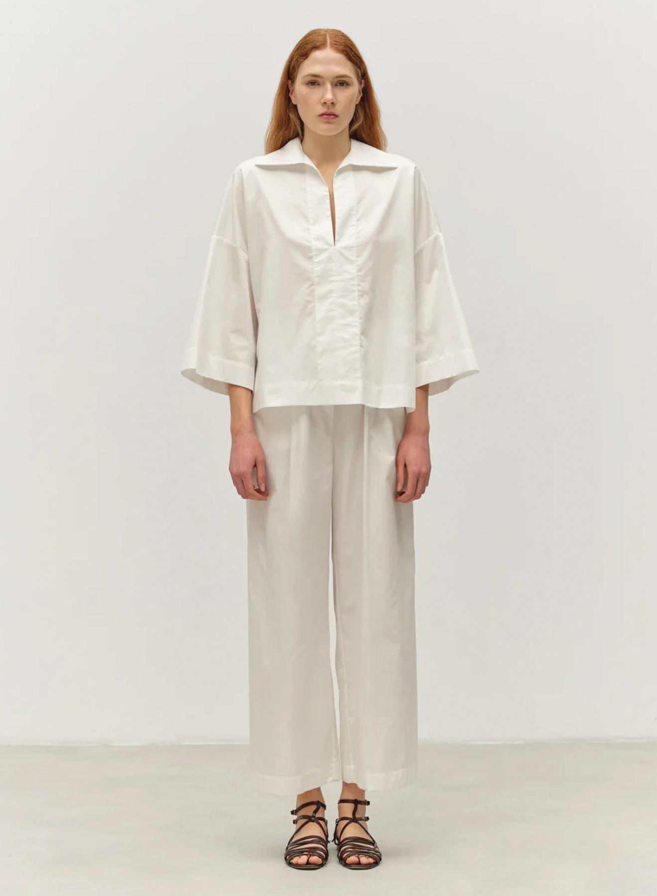 White poplin Pants with pleats and with back elasticated waistband "SYNESI" Devotion Twins - 2