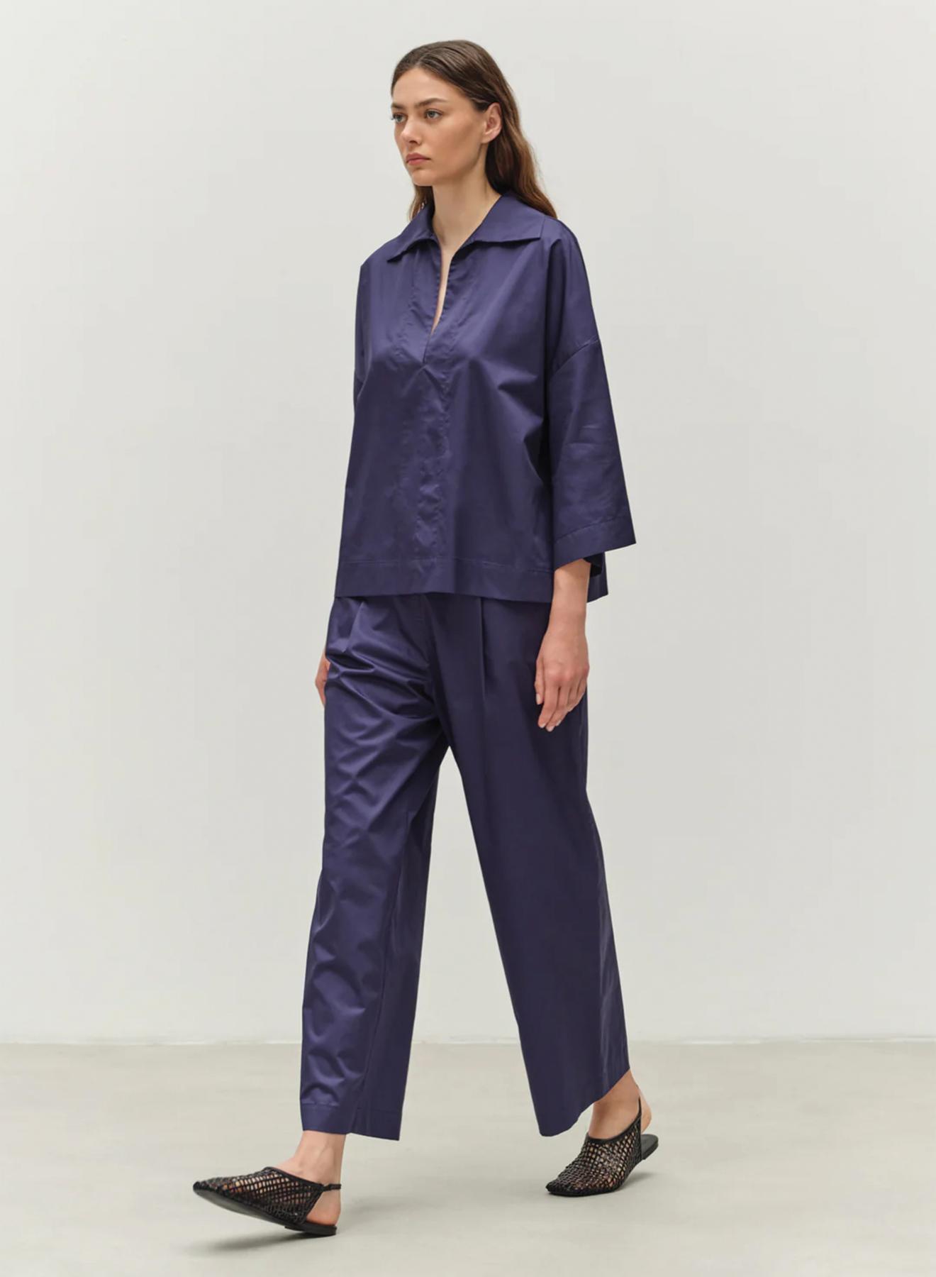 Navy Blue Παντελόνι ποπλίνα με πιέτες και με λάστιχο πίσω στη μέση "SYNESI" Devotion Twins - 1