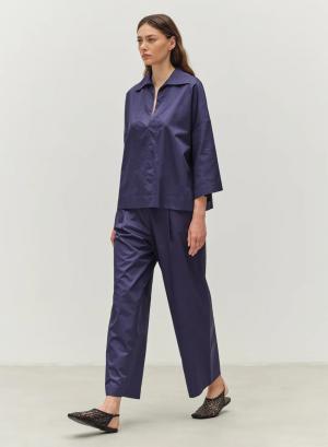 Navy Blue Παντελόνι ποπλίνα με πιέτες και με λάστιχο πίσω στη μέση "SYNESI" Devotion Twins - 46950