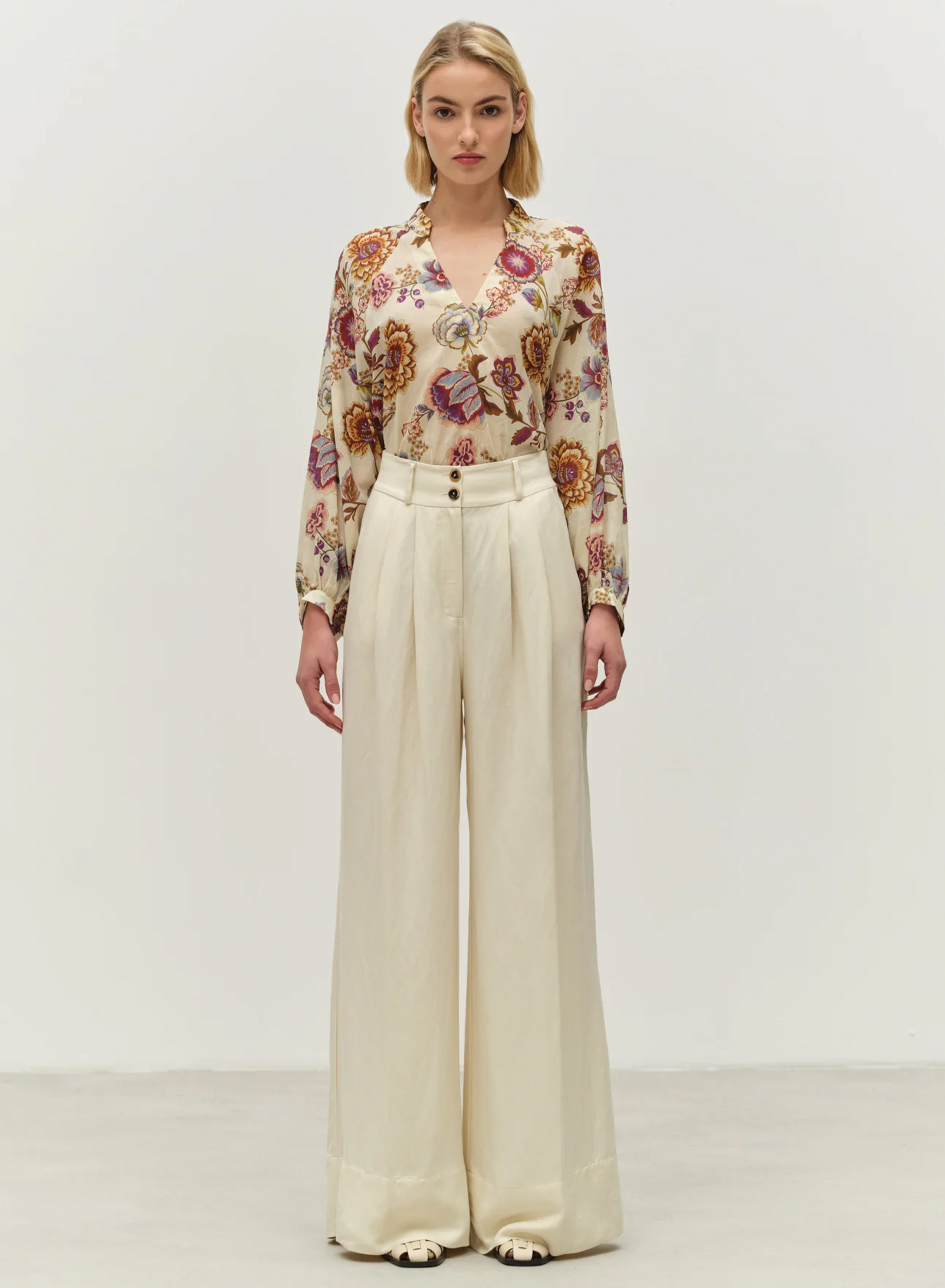 Ecru wide legs Trousers with pleats and with back elasticated waistband "NOBLE" Devotion Twins - 0