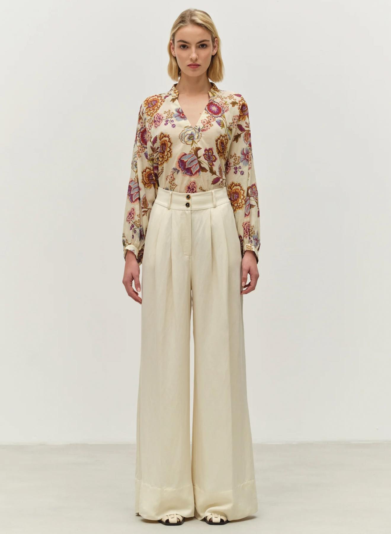 Ecru wide legs Trousers with pleats and with back elasticated waistband "NOBLE" Devotion Twins - 1