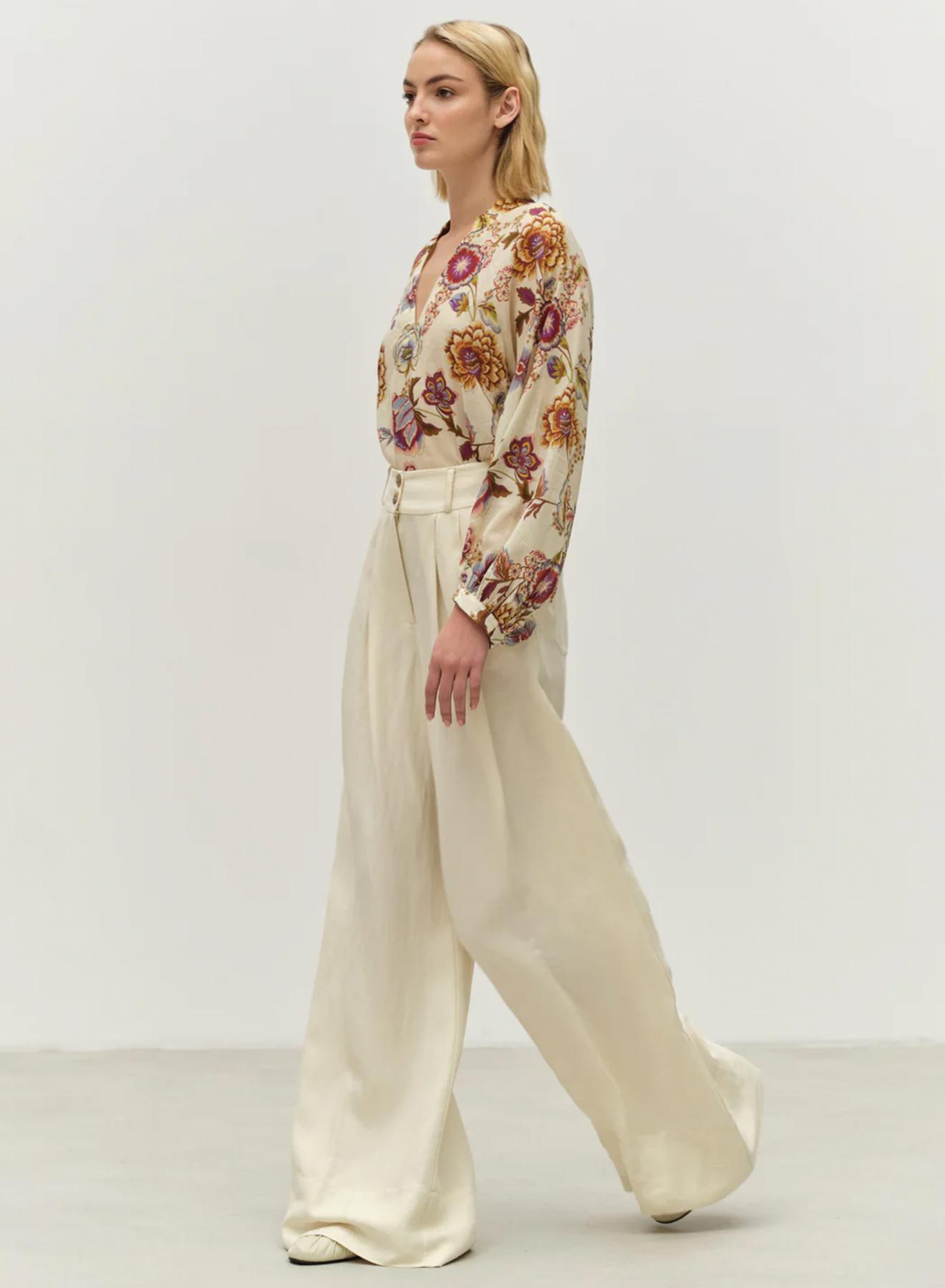 Ecru wide legs Trousers with pleats and with back elasticated waistband "NOBLE" Devotion Twins - 4