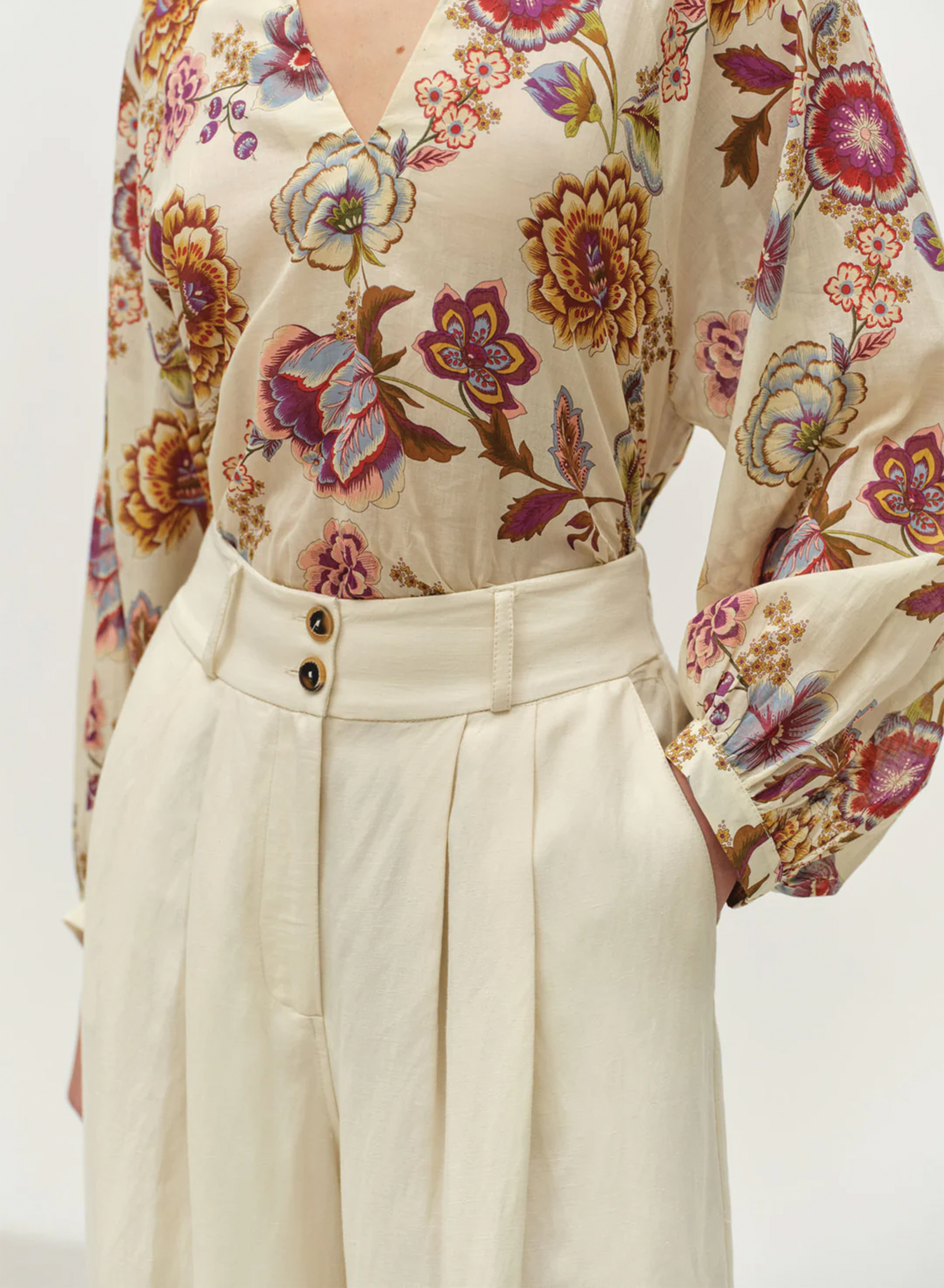 Ecru wide legs Trousers with pleats and with back elasticated waistband "NOBLE" Devotion Twins - 5