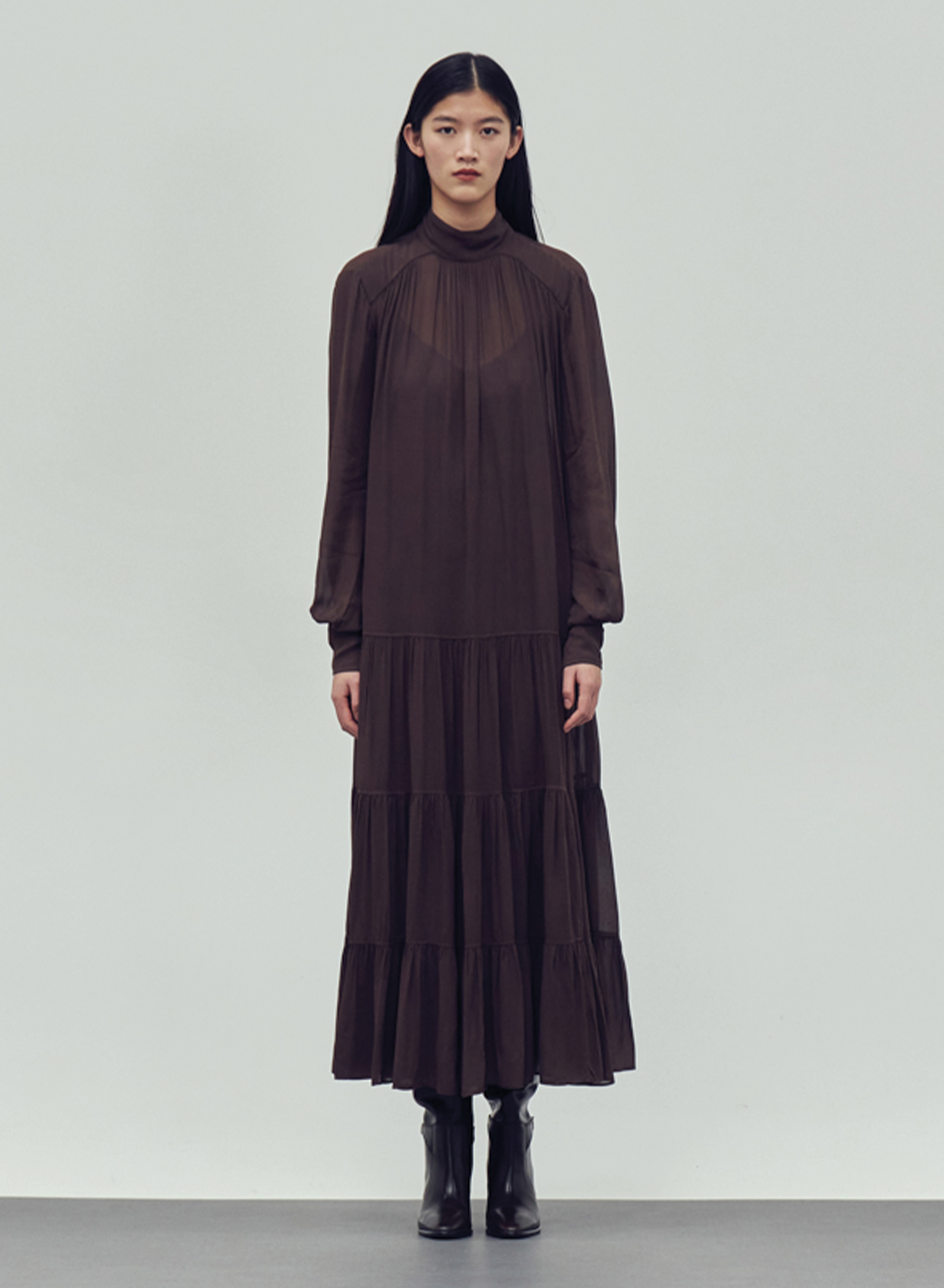 Brown long high neck Dress with long sleeves "COBRA SAFFON" Devotion Twins - 0
