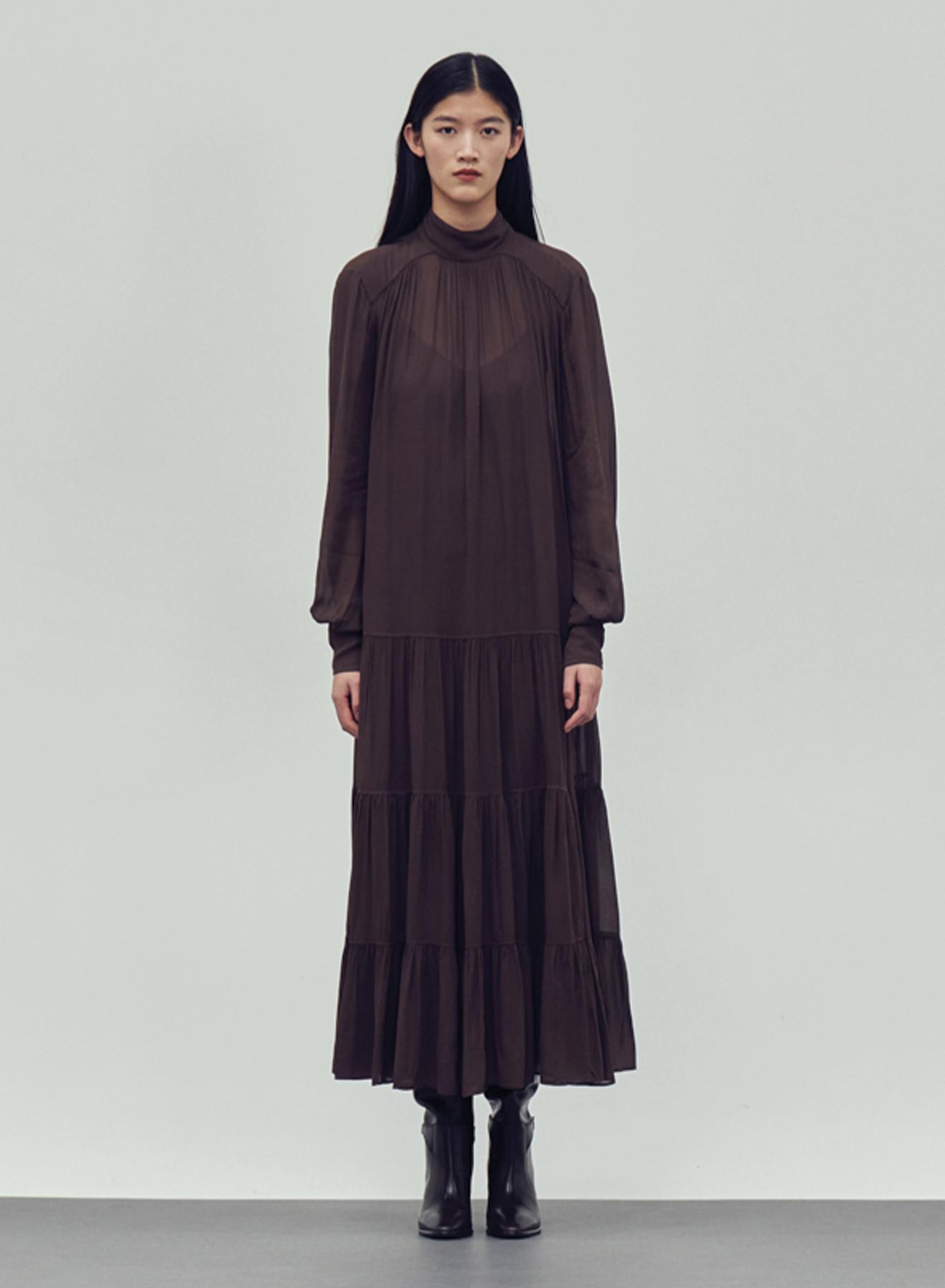 Brown long high neck Dress with long sleeves "COBRA SAFFON" Devotion Twins - 1