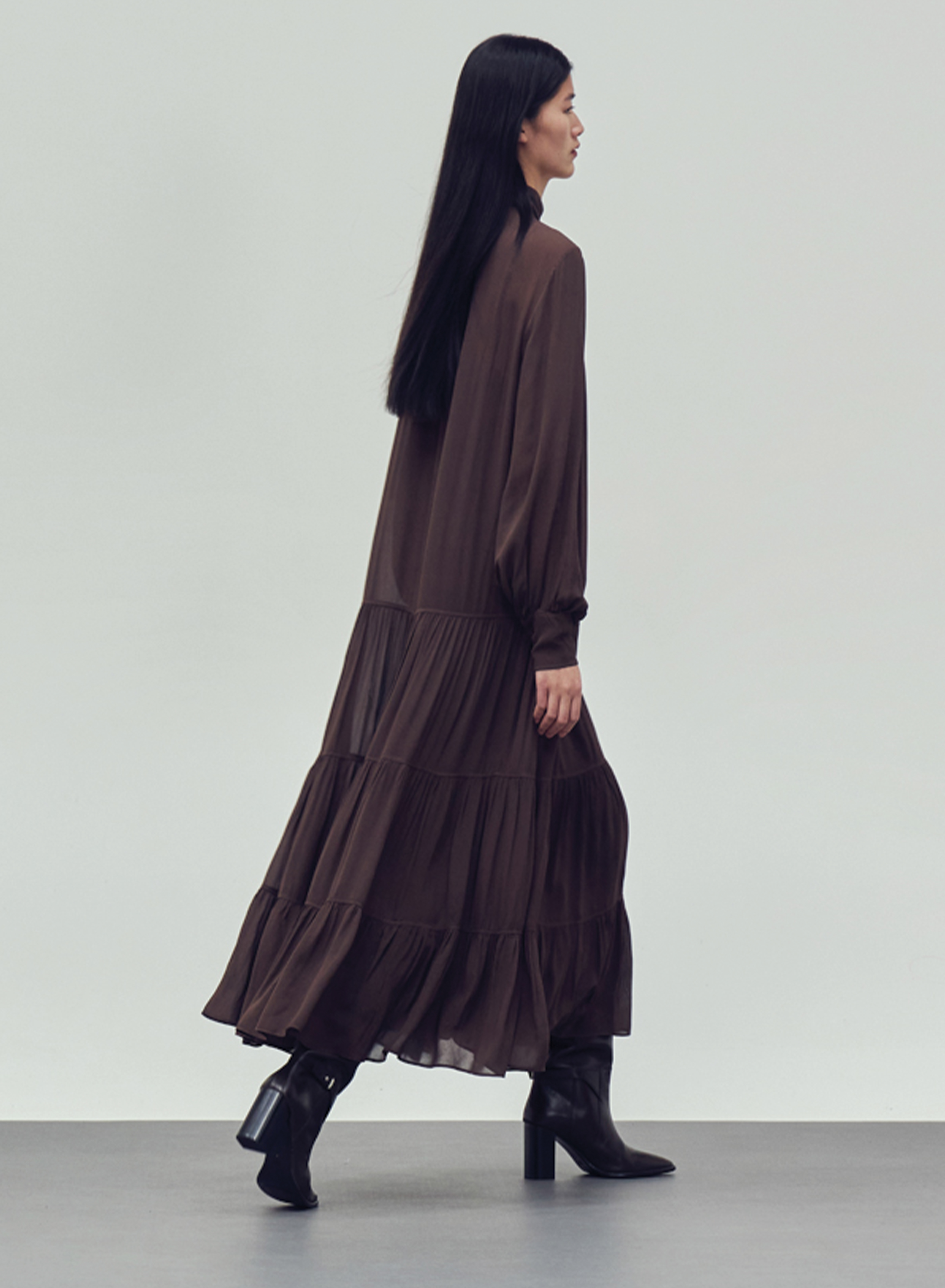 Brown long high neck Dress with long sleeves "COBRA SAFFON" Devotion Twins - 1