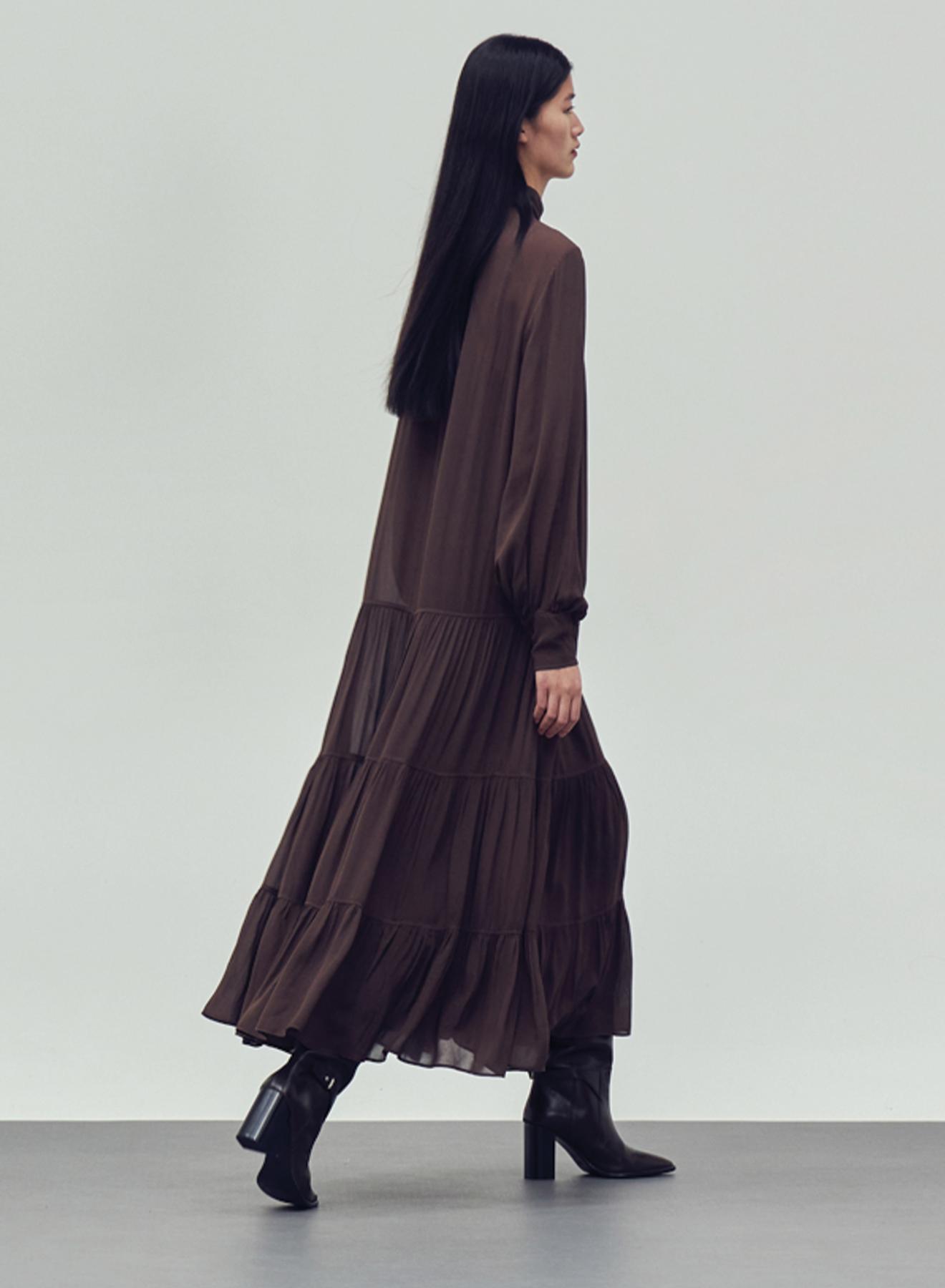 Brown long high neck Dress with long sleeves "COBRA SAFFON" Devotion Twins - 2