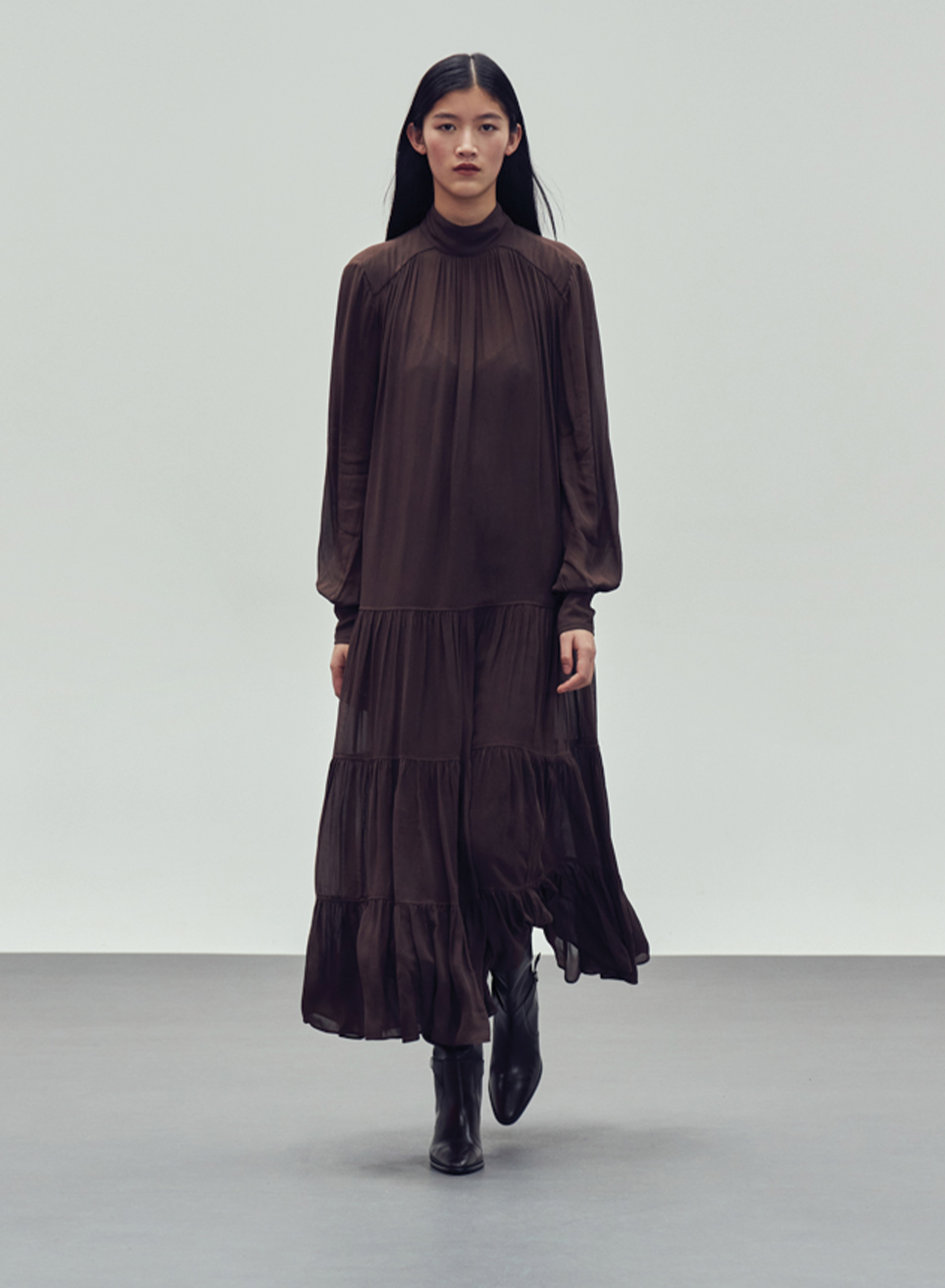 Brown long high neck Dress with long sleeves "COBRA SAFFON" Devotion Twins - 2