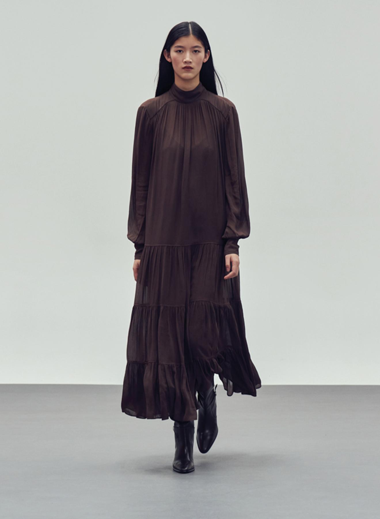 Brown long high neck Dress with long sleeves "COBRA SAFFON" Devotion Twins - 3