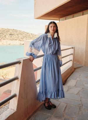 Γαλάζια Μπλούζα voile με δαντέλα και με Μάο γιακά "SECRET" Devotion Twins - 53835