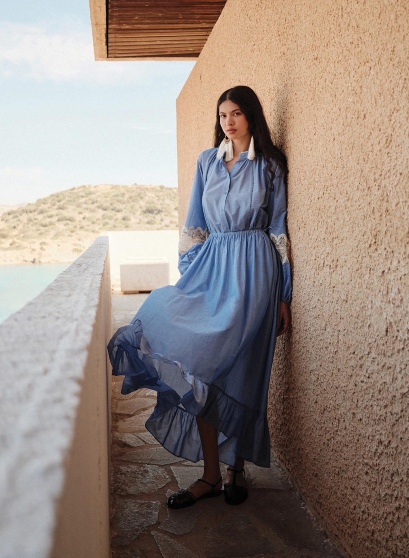 Γαλάζια Μπλούζα voile με δαντέλα και με Μάο γιακά "SECRET" Devotion Twins - 3