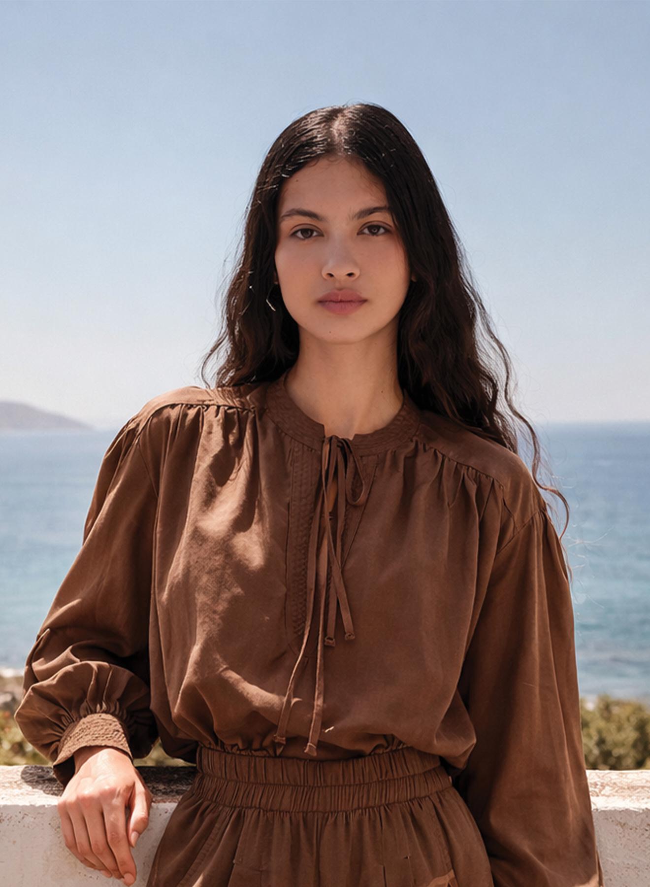 Chocolate Blouse with long sleeves and with V neckline "POLISHED" Devotion Twins - 3