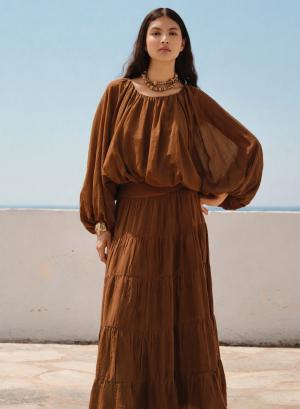 Σοκολά Μπλούζα voile με ballon μανίκια "WILLOW" Devotion Twins - 54000