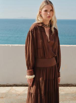 Σοκολά Μπλούζα voile με V λαιμόκοψη και με γιακά "WHISPER" Devotion Twins - 54012