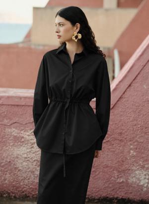 Μαύρο Πουκάμισο ποπλίνα με κορδόνι στη μέση "REALM" Devotion Twins - 54318