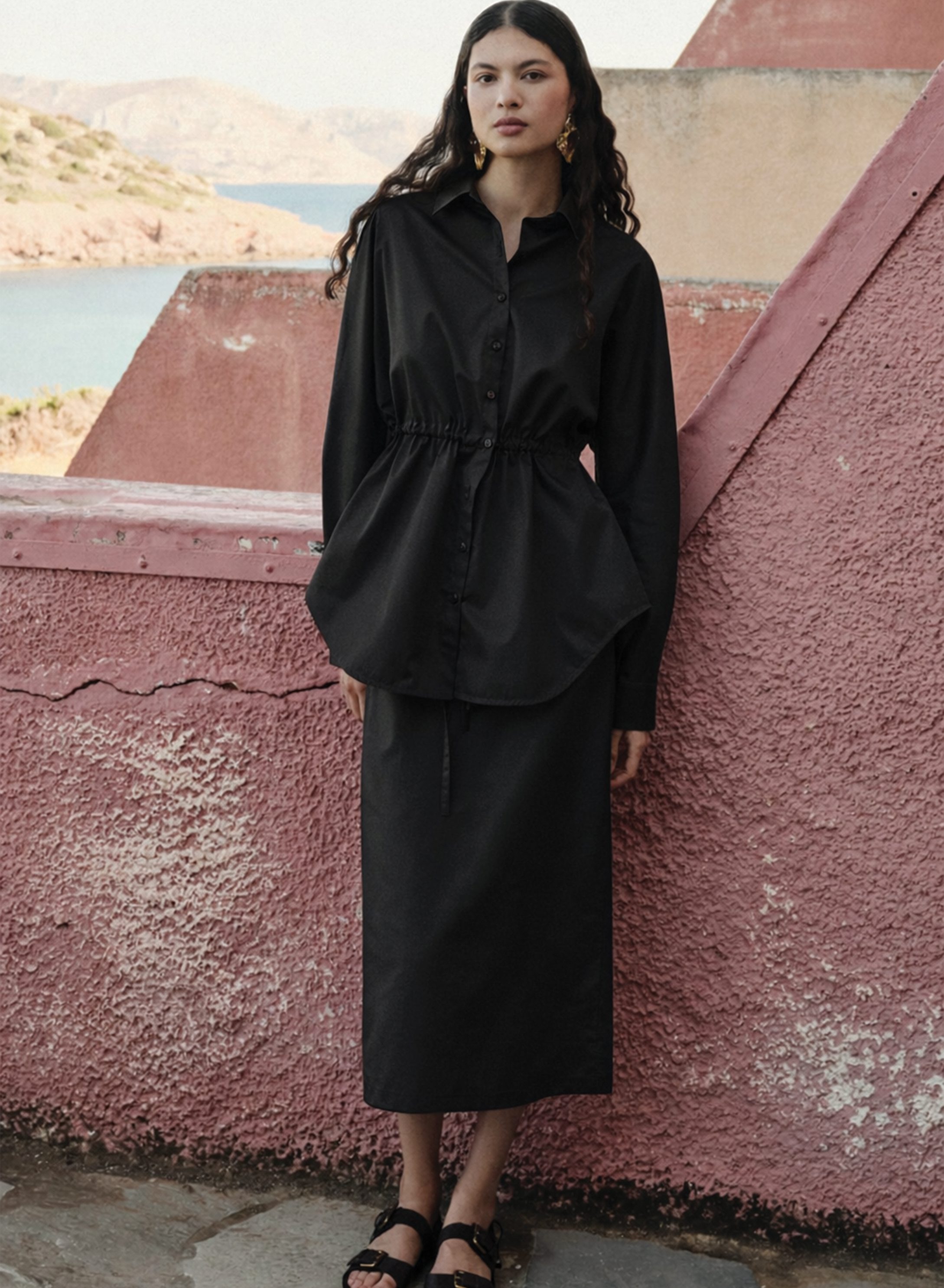 Μαύρο Πουκάμισο ποπλίνα με κορδόνι στη μέση "REALM" Devotion Twins - 1