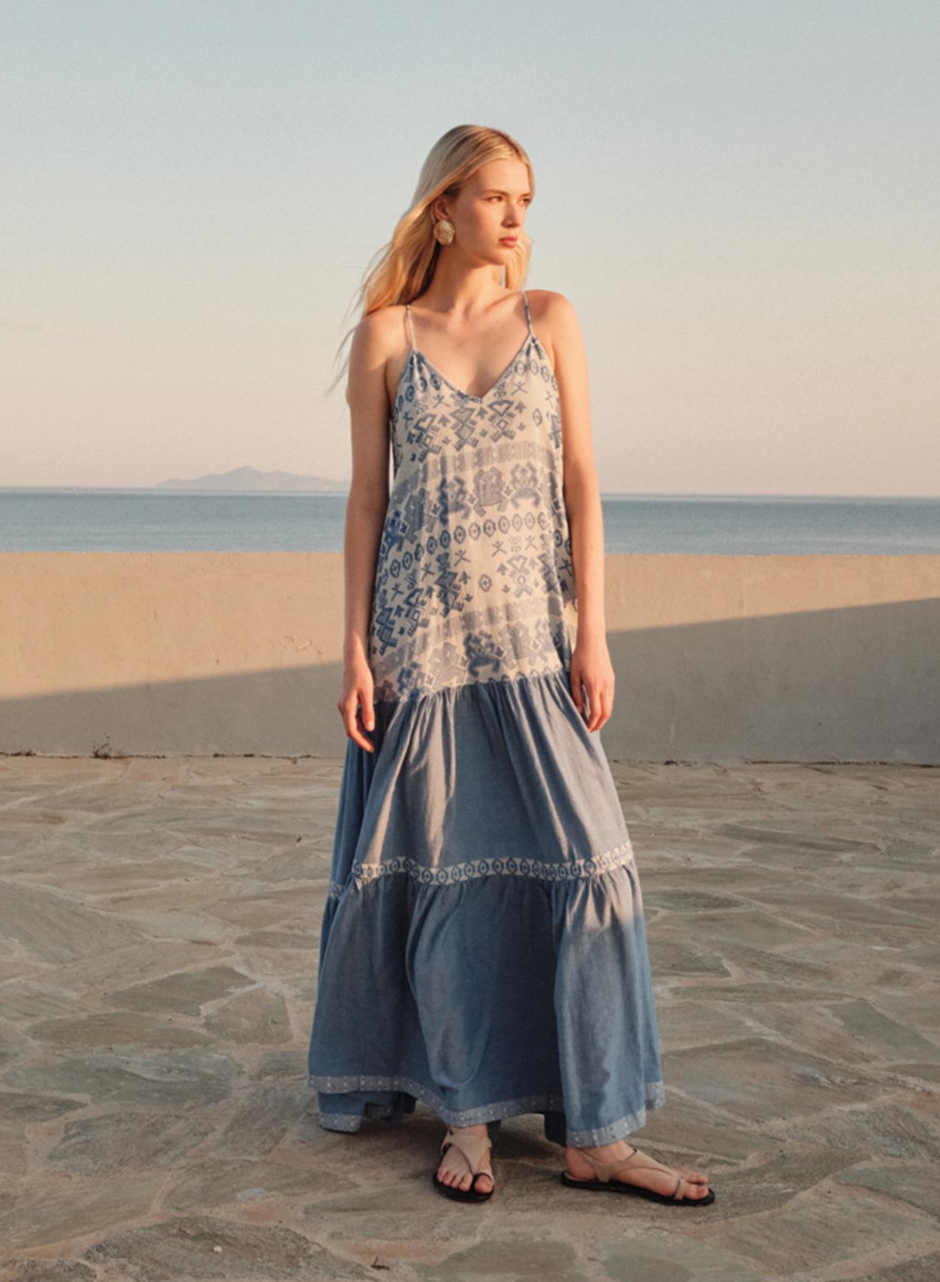 Γαλάζιο Jacquard Φόρεμα με τιράντες και με V λαιμόκοψη "SUNLACE" Devotion Twins - 1