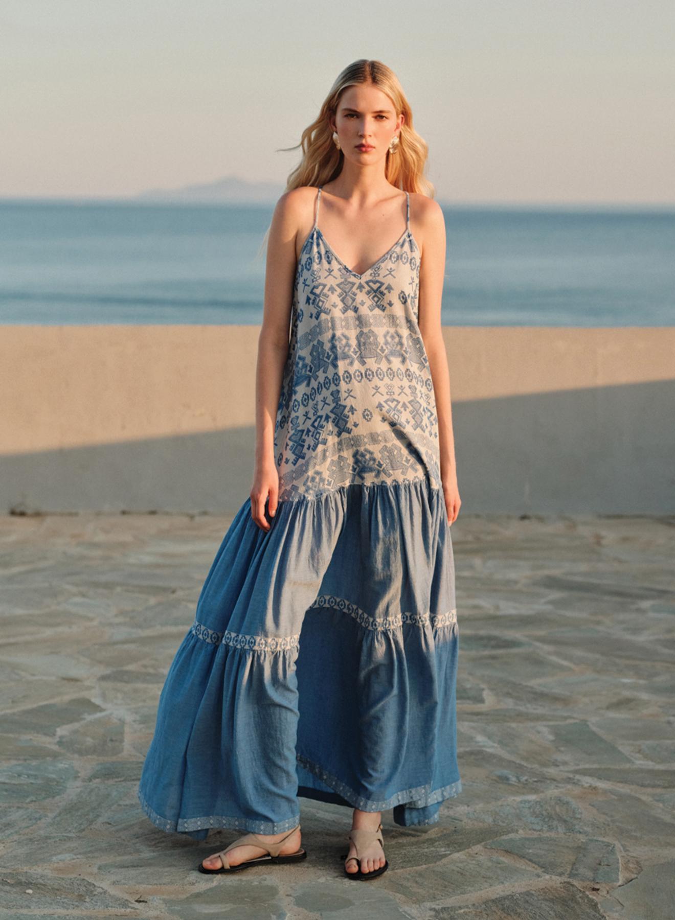 Γαλάζιο Jacquard Φόρεμα με τιράντες και με V λαιμόκοψη "SUNLACE" Devotion Twins - 2