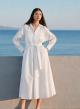 White popline Dress with belt, with lapel and V neckline "MEADOW" Devotion Twins - 0