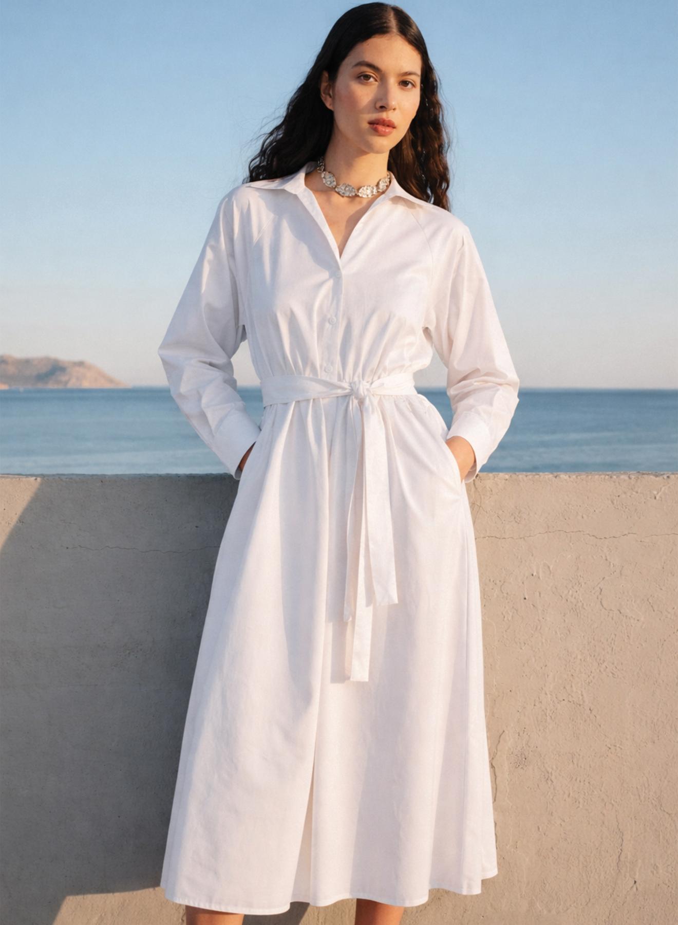 White popline Dress with belt, with lapel and V neckline "MEADOW" Devotion Twins - 3