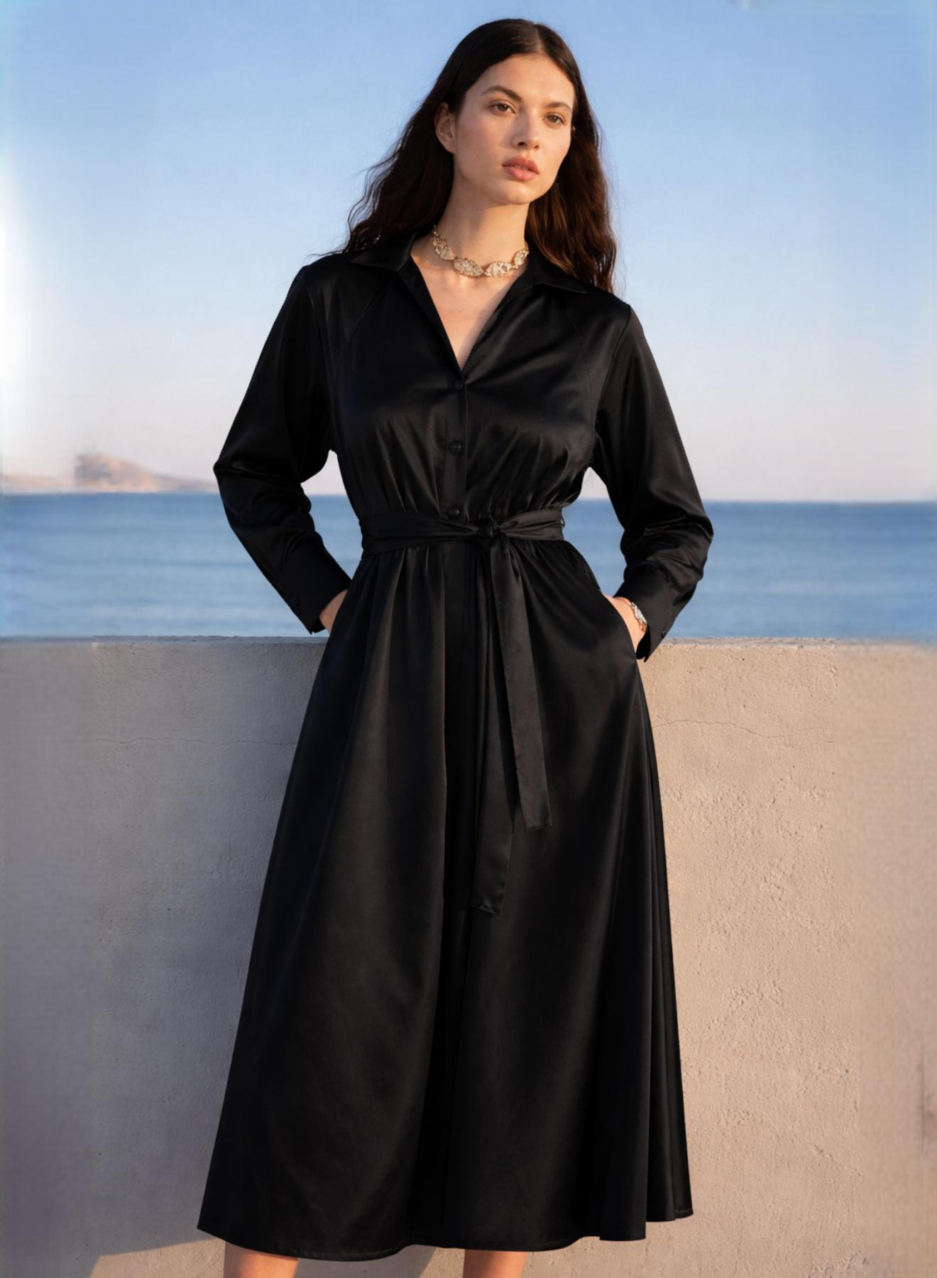 Μαύρο Φόρεμα ποπλίνα με ζώνη με γιακά και με V λαιμόκοψη "MEADOW" Devotion Twins - 2